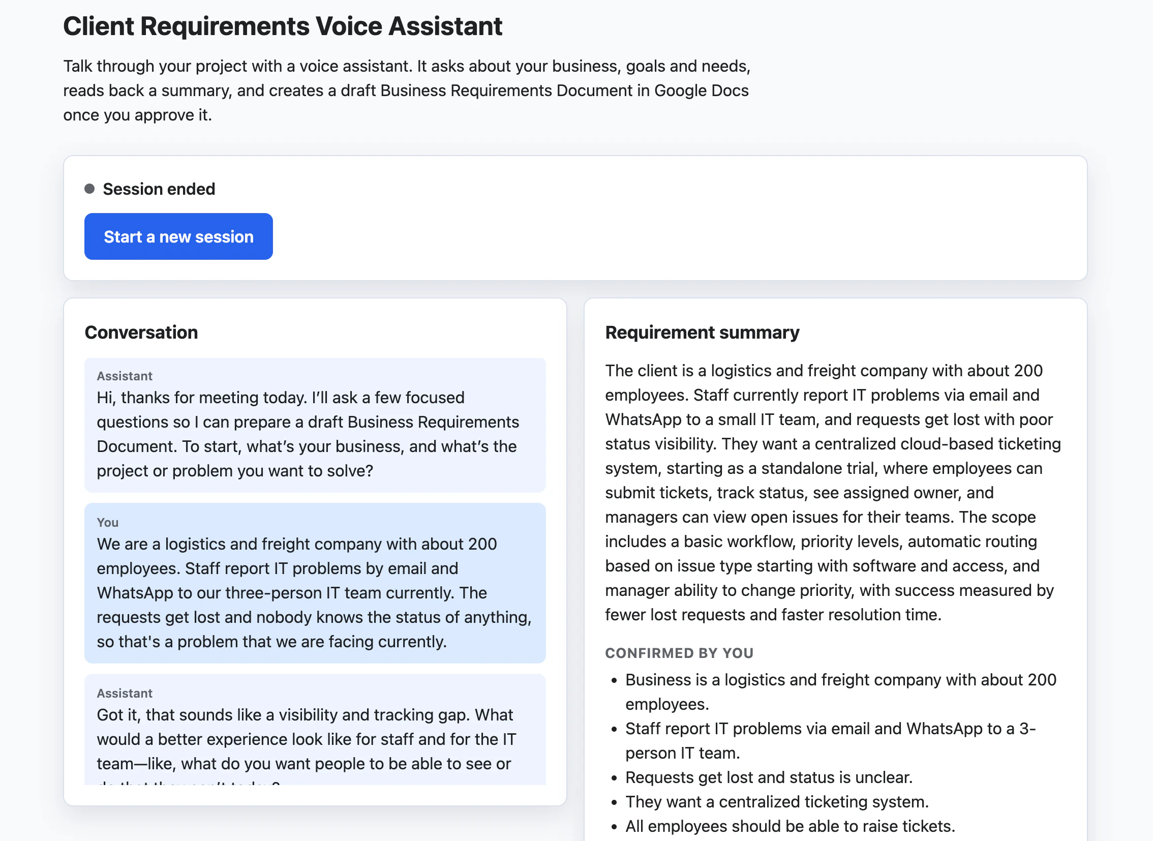 Preview of the AI Requirements Interviewer demo